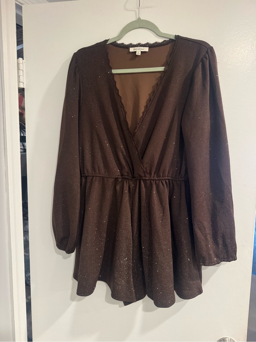Francesca’s Collections Brown Glitter Wrap Romper Women’s Large Long Sleeve